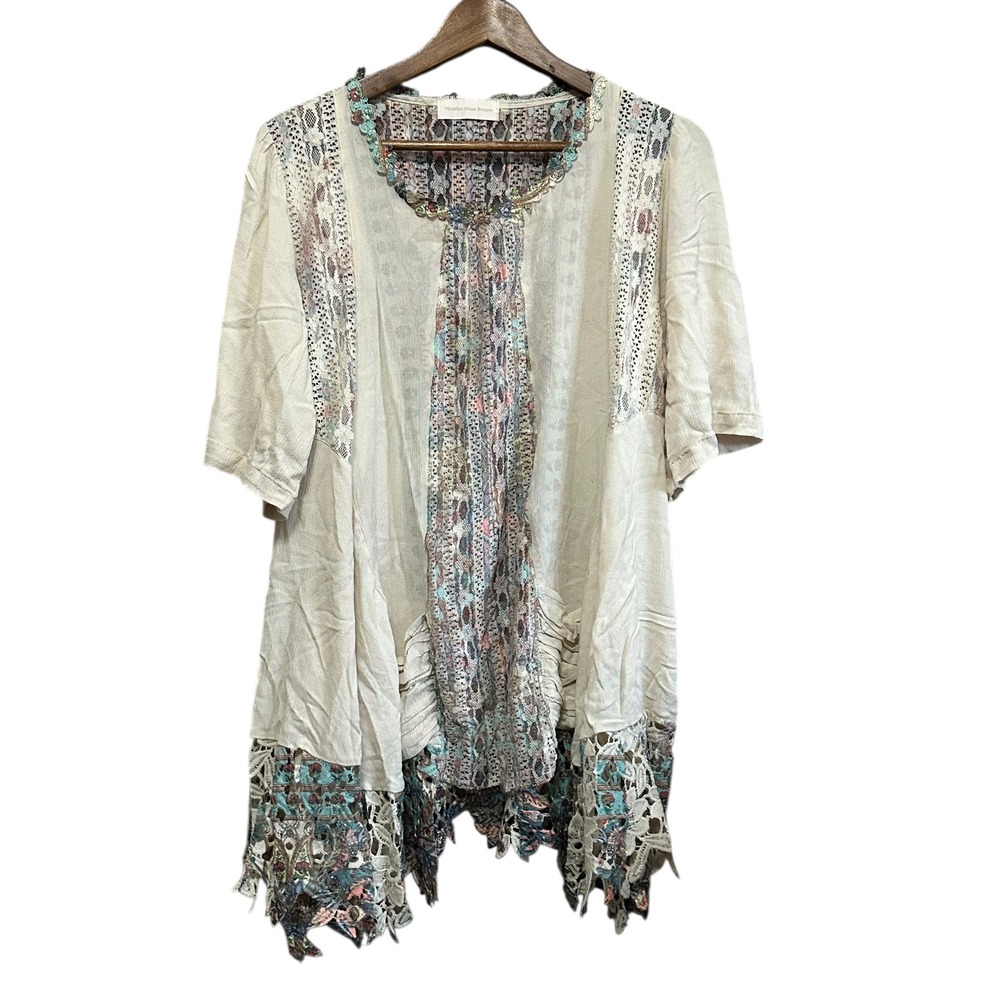 Victorian House Branson Boho Lace Patchwork Kimono Cardigan Top Neutral Tones xl